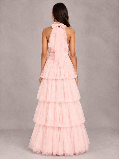 High Neck A-Line Tulle Tiered Sleeveless Floor-Length Wedding Guest Dress
