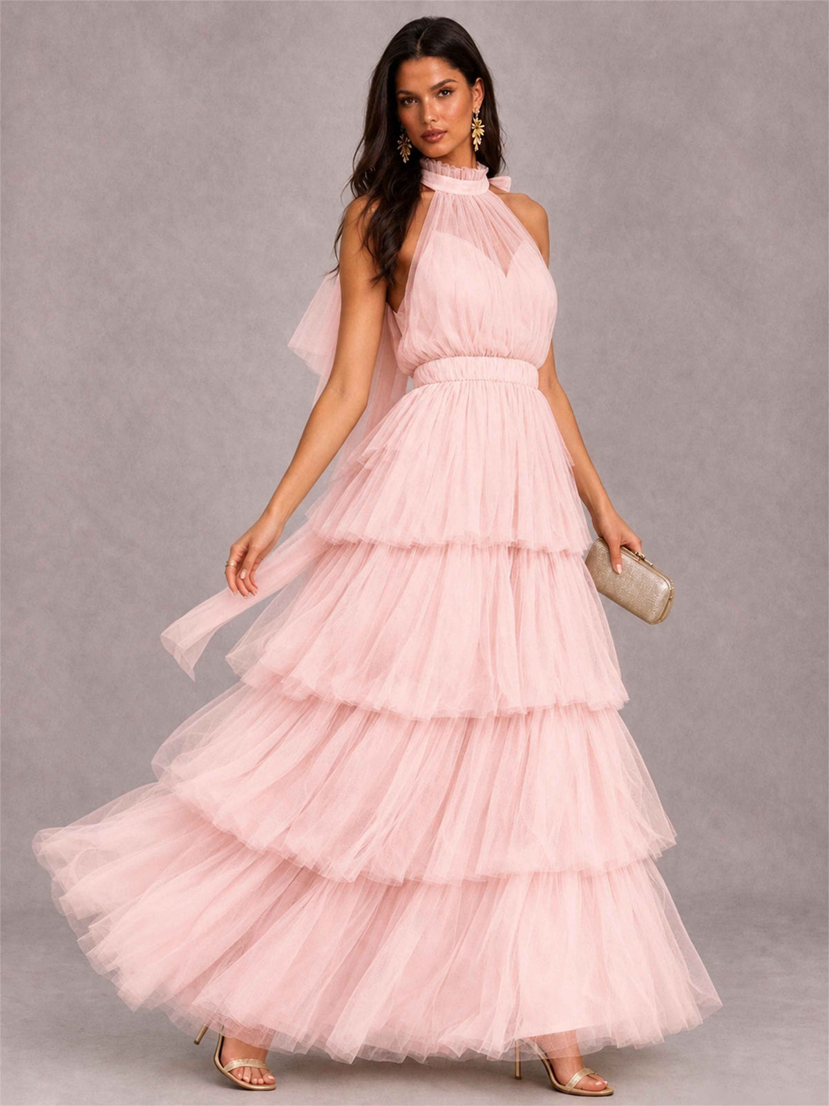 High Neck A-Line Tulle Tiered Sleeveless Floor-Length Wedding Guest Dress