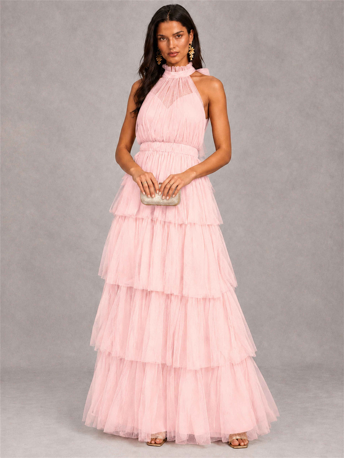 High Neck A-Line Tulle Tiered Sleeveless Floor-Length Wedding Guest Dress