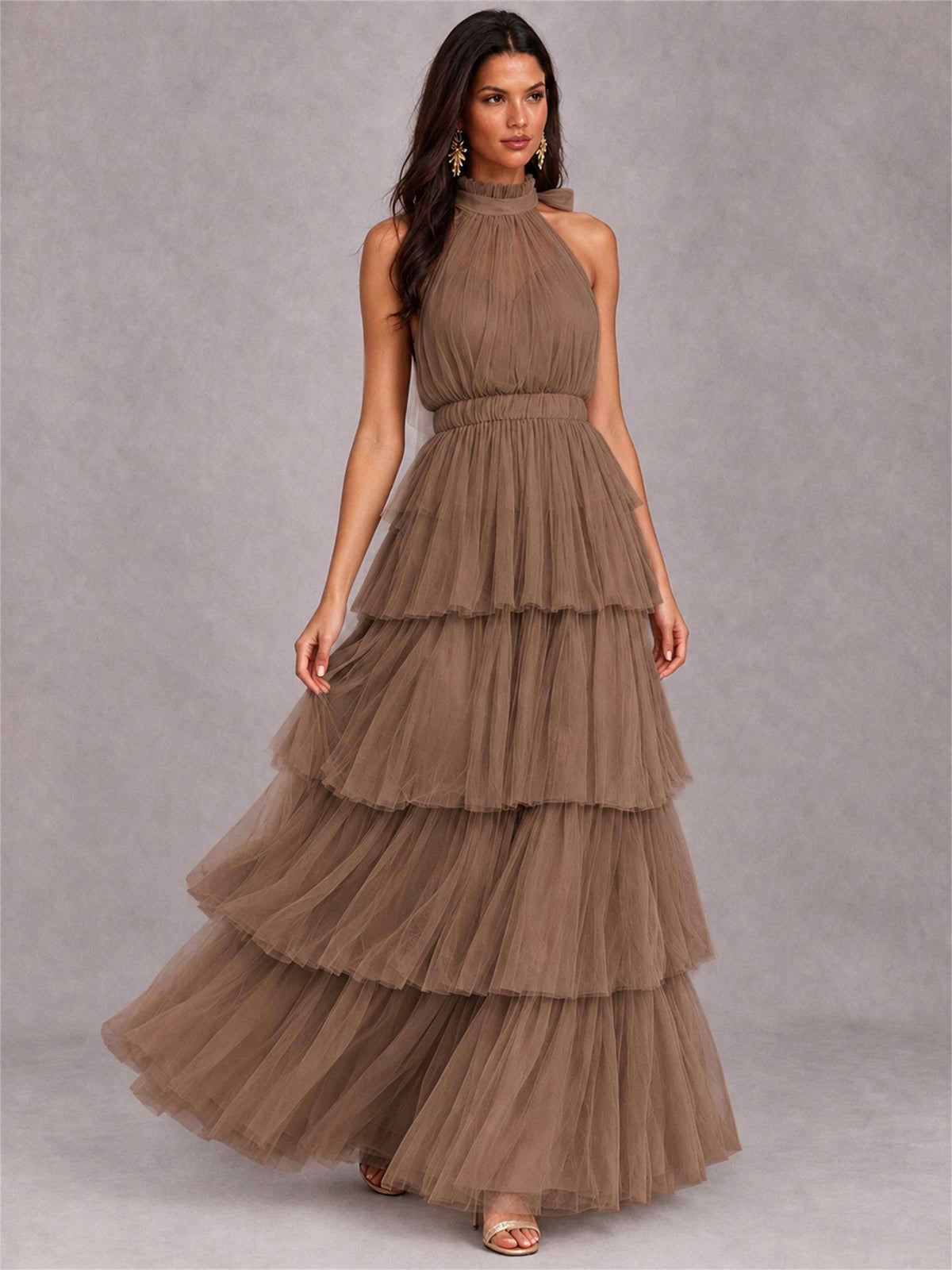 High Neck A-Line Tulle Tiered Sleeveless Floor-Length Wedding Guest Dress