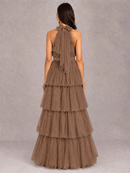 High Neck A-Line Tulle Tiered Sleeveless Floor-Length Wedding Guest Dress