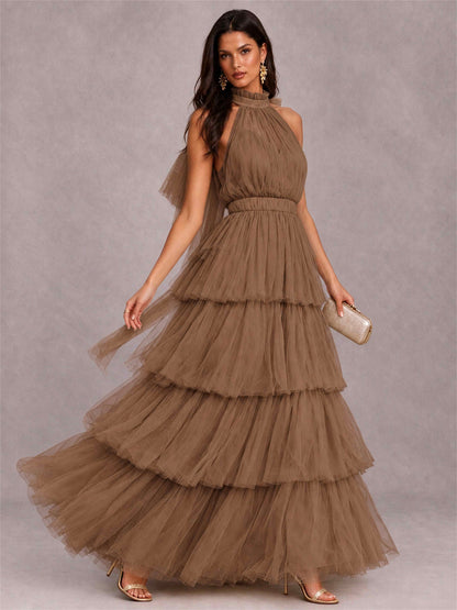 High Neck A-Line Tulle Tiered Sleeveless Floor-Length Wedding Guest Dress