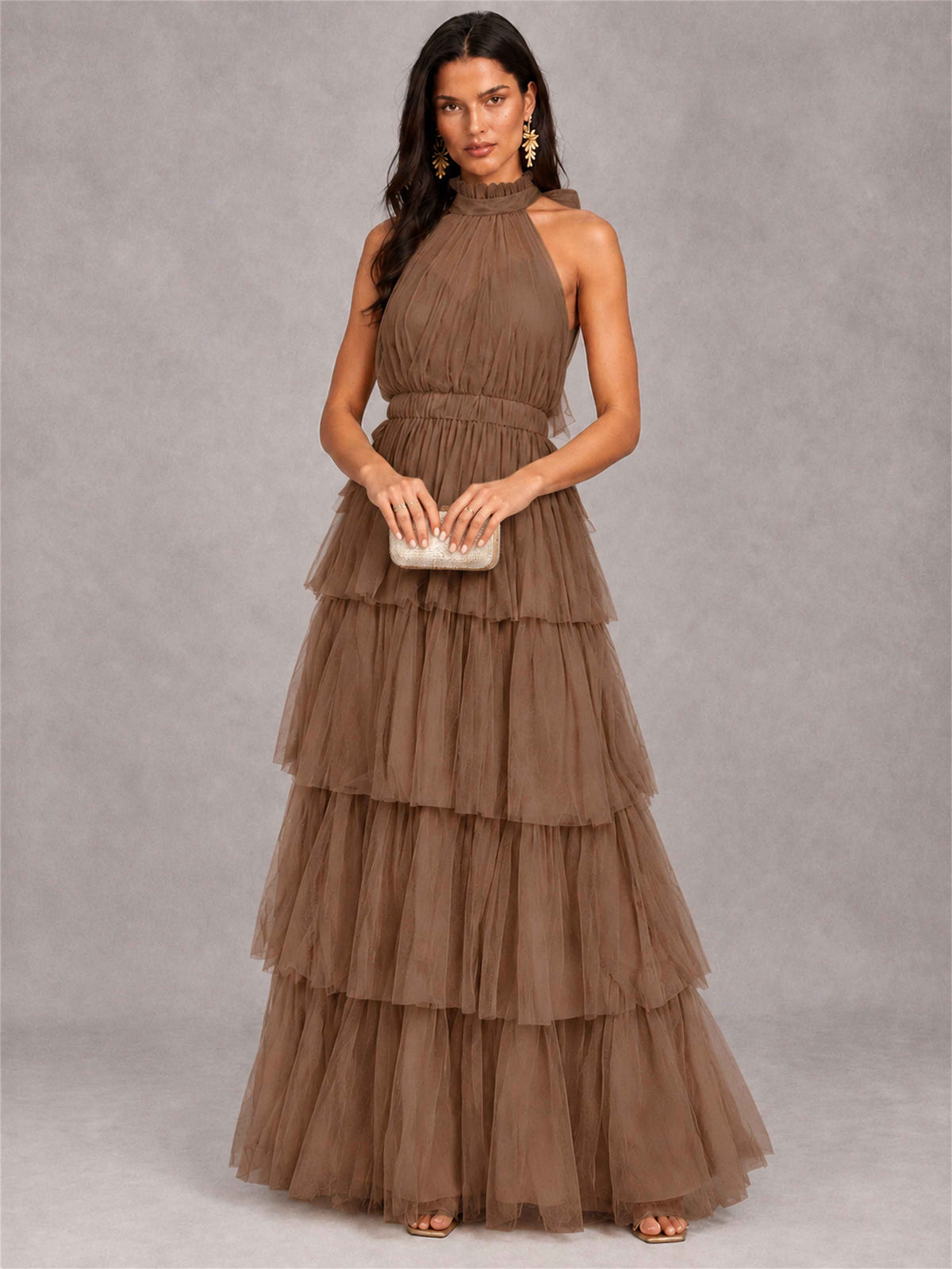 High Neck A-Line Tulle Tiered Sleeveless Floor-Length Wedding Guest Dress