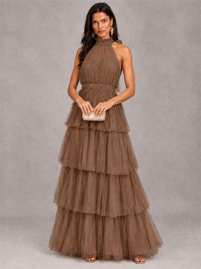 High Neck A-Line Tulle Tiered Sleeveless Floor-Length Wedding Guest Dress