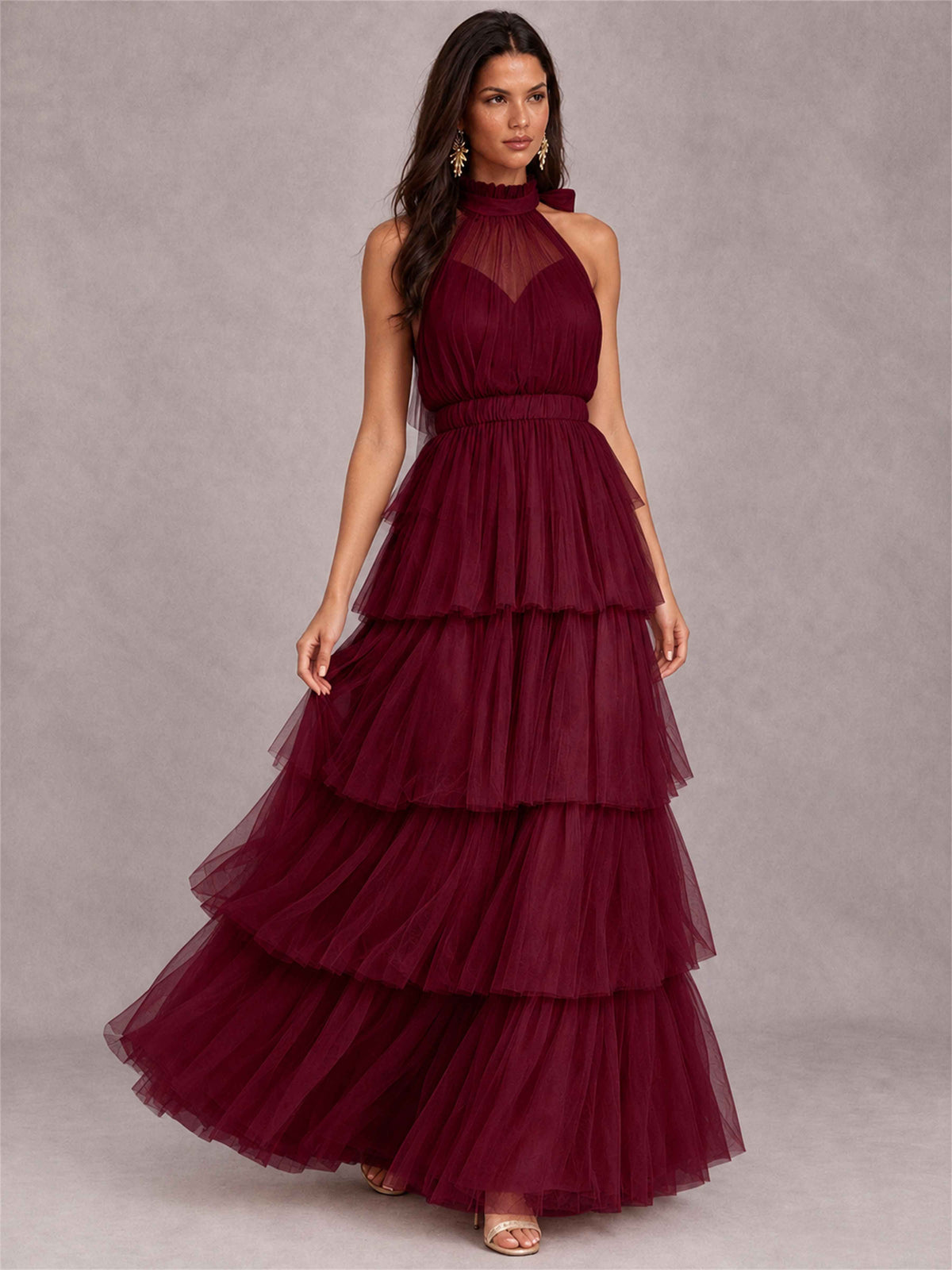 High Neck A-Line Tulle Tiered Sleeveless Floor-Length Wedding Guest Dress
