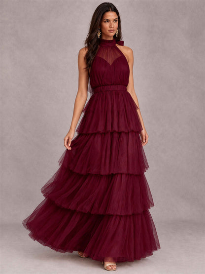 High Neck A-Line Tulle Tiered Sleeveless Floor-Length Wedding Guest Dress