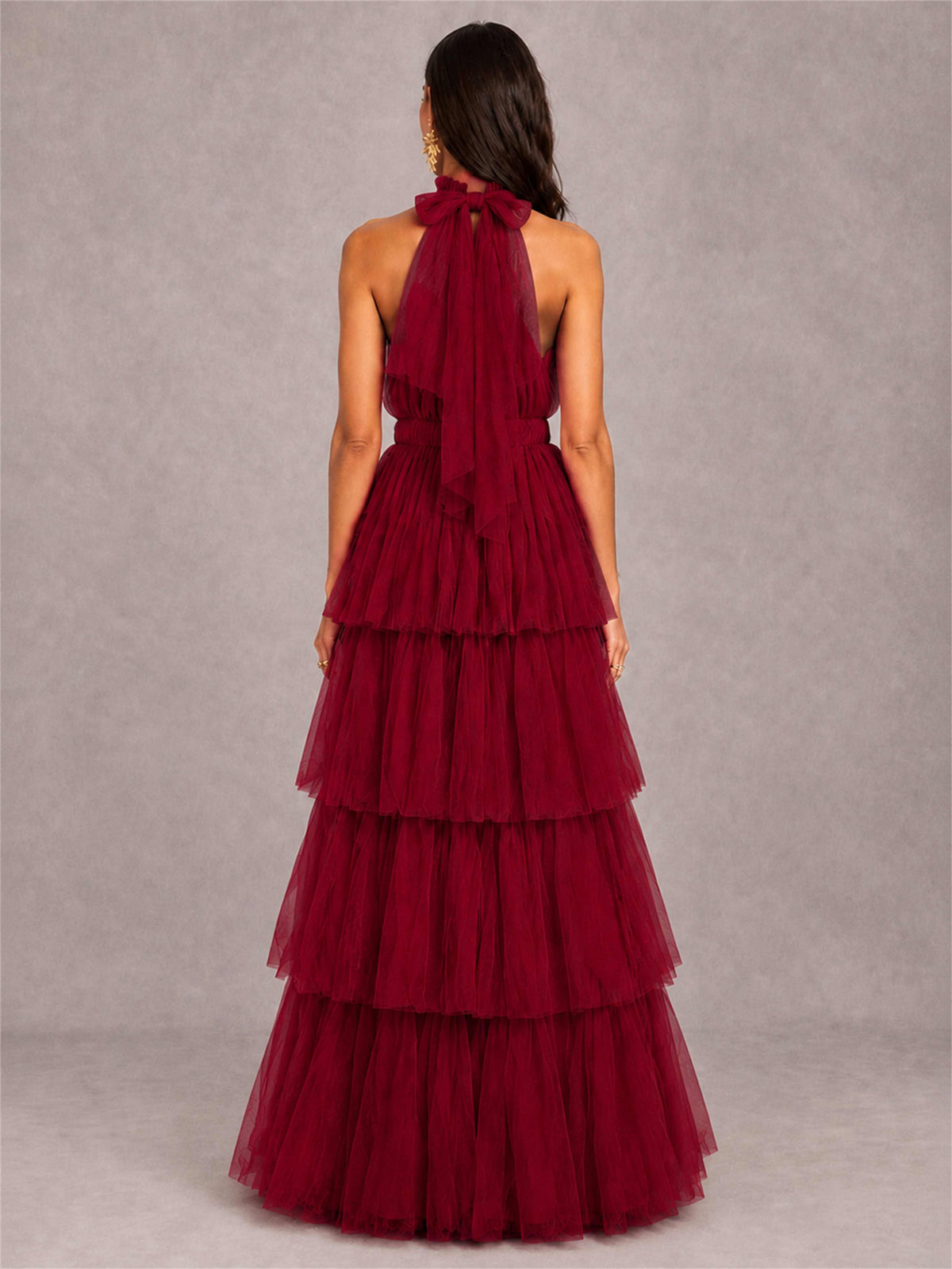 High Neck A-Line Tulle Tiered Sleeveless Floor-Length Wedding Guest Dress