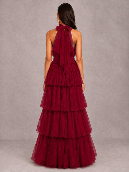 High Neck A-Line Tulle Tiered Sleeveless Floor-Length Wedding Guest Dress