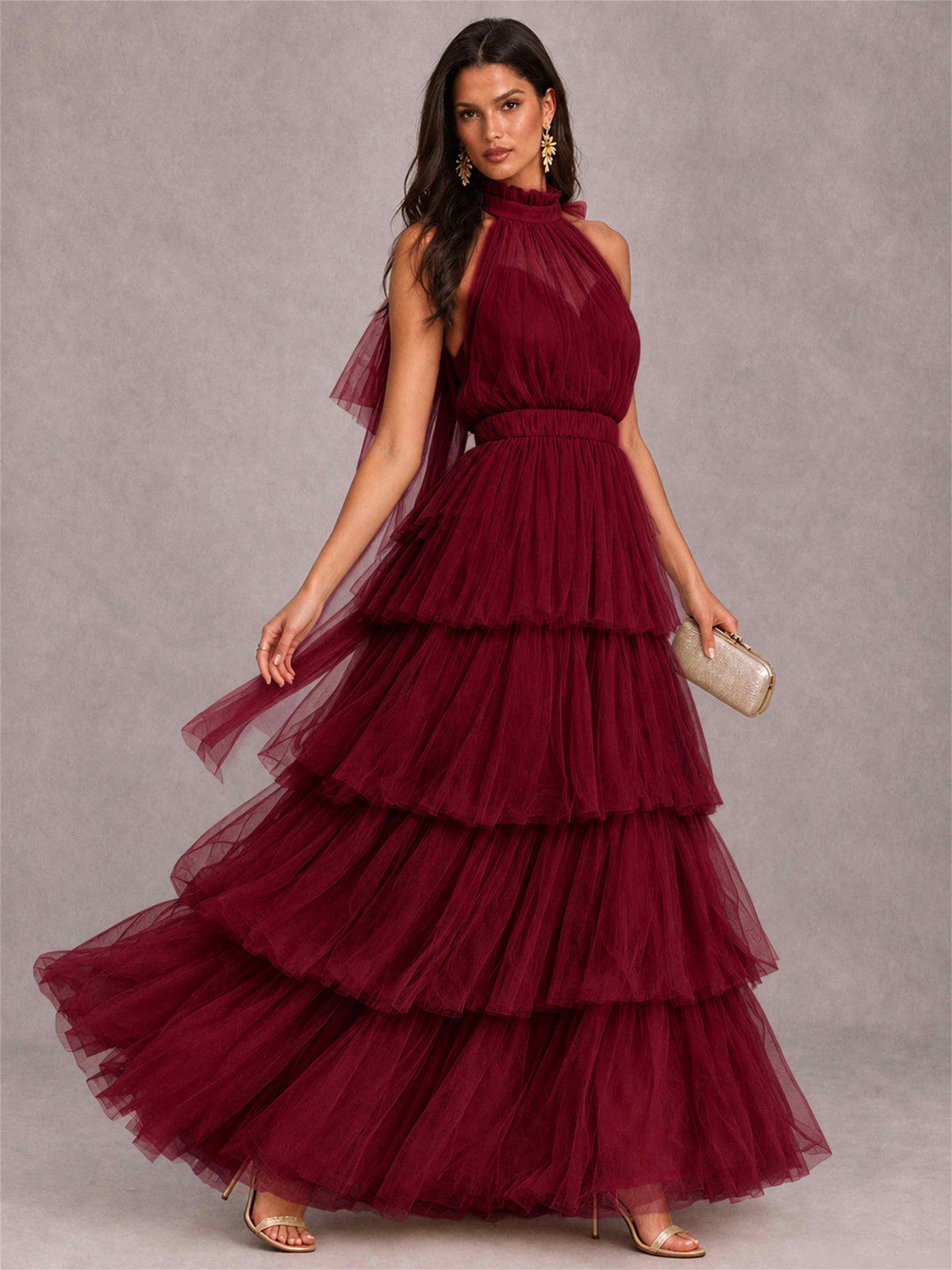 High Neck A-Line Tulle Tiered Sleeveless Floor-Length Wedding Guest Dress