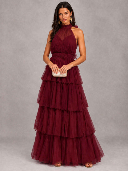 High Neck A-Line Tulle Tiered Sleeveless Floor-Length Wedding Guest Dress