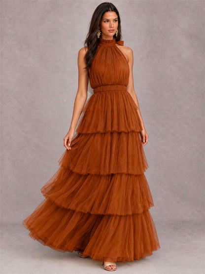 High Neck A-Line Tulle Tiered Sleeveless Floor-Length Wedding Guest Dress