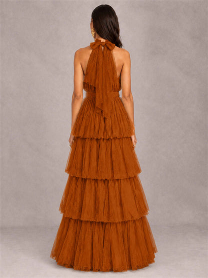 High Neck A-Line Tulle Tiered Sleeveless Floor-Length Wedding Guest Dress