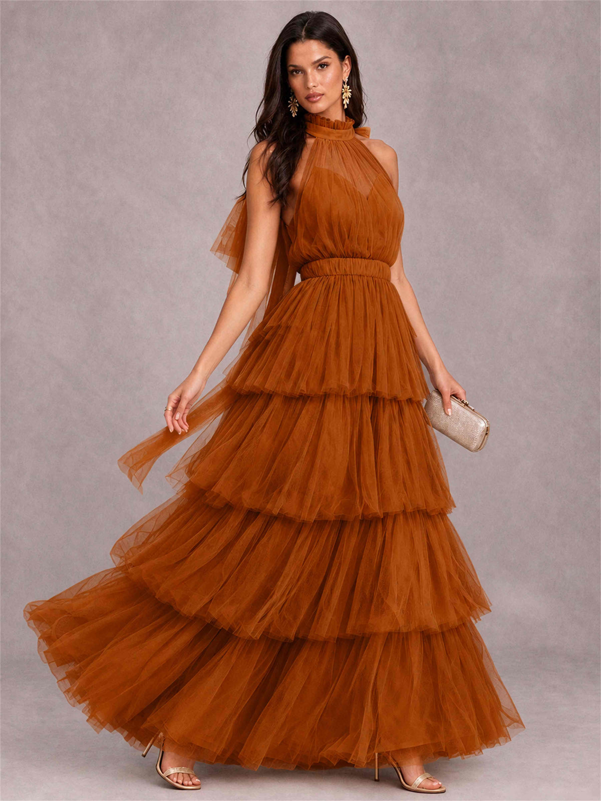 High Neck A-Line Tulle Tiered Sleeveless Floor-Length Wedding Guest Dress