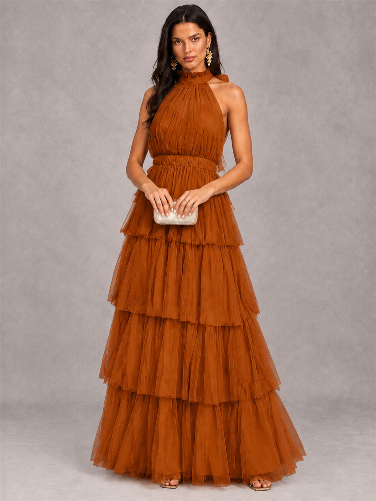 High Neck A-Line Tulle Tiered Sleeveless Floor-Length Wedding Guest Dress