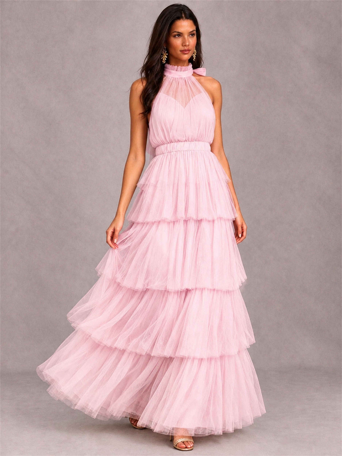High Neck A-Line Tulle Tiered Sleeveless Floor-Length Wedding Guest Dress