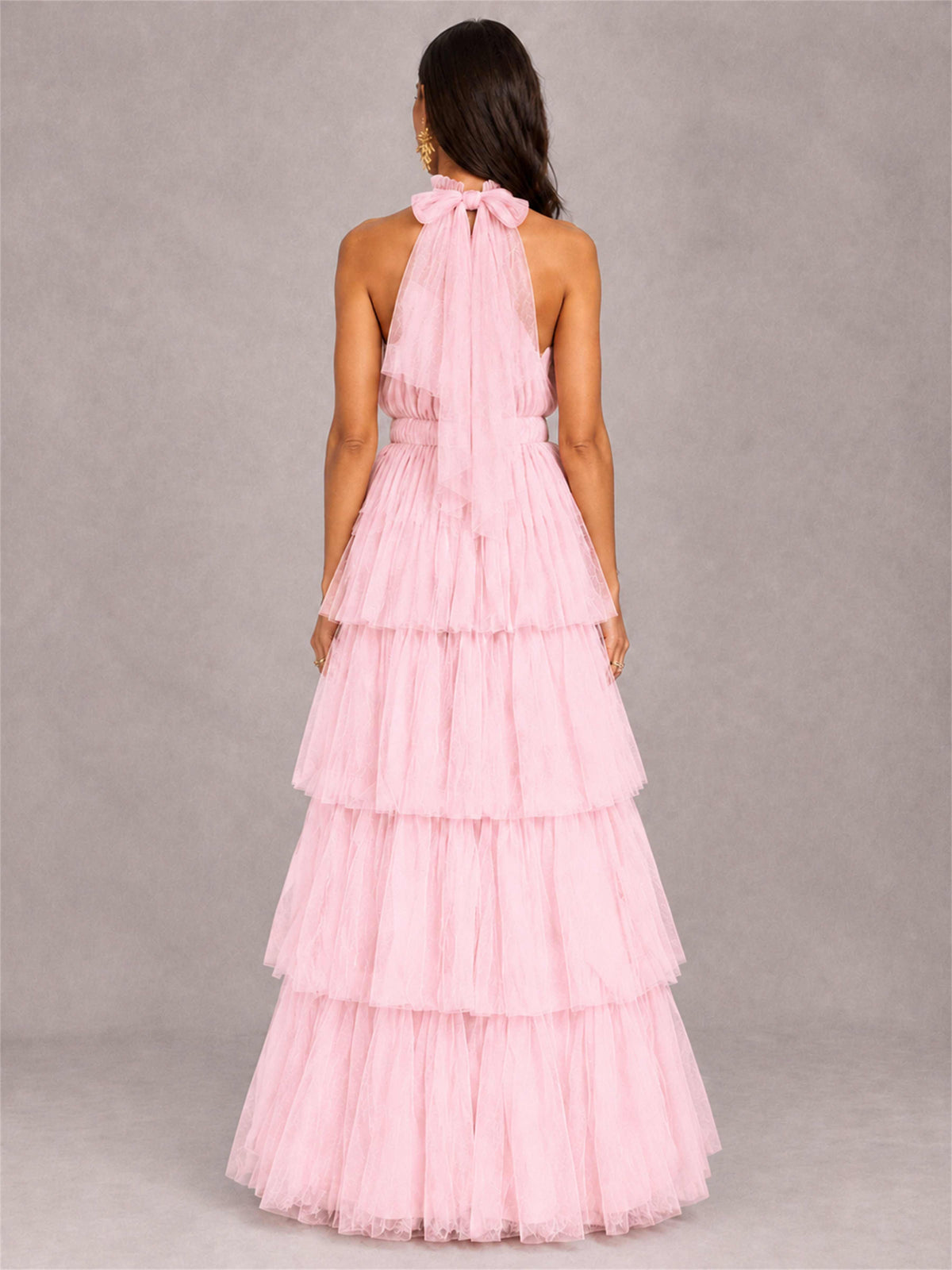 High Neck A-Line Tulle Tiered Sleeveless Floor-Length Wedding Guest Dress