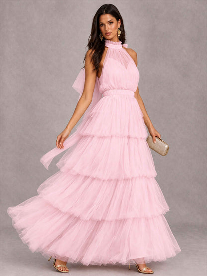 High Neck A-Line Tulle Tiered Sleeveless Floor-Length Wedding Guest Dress