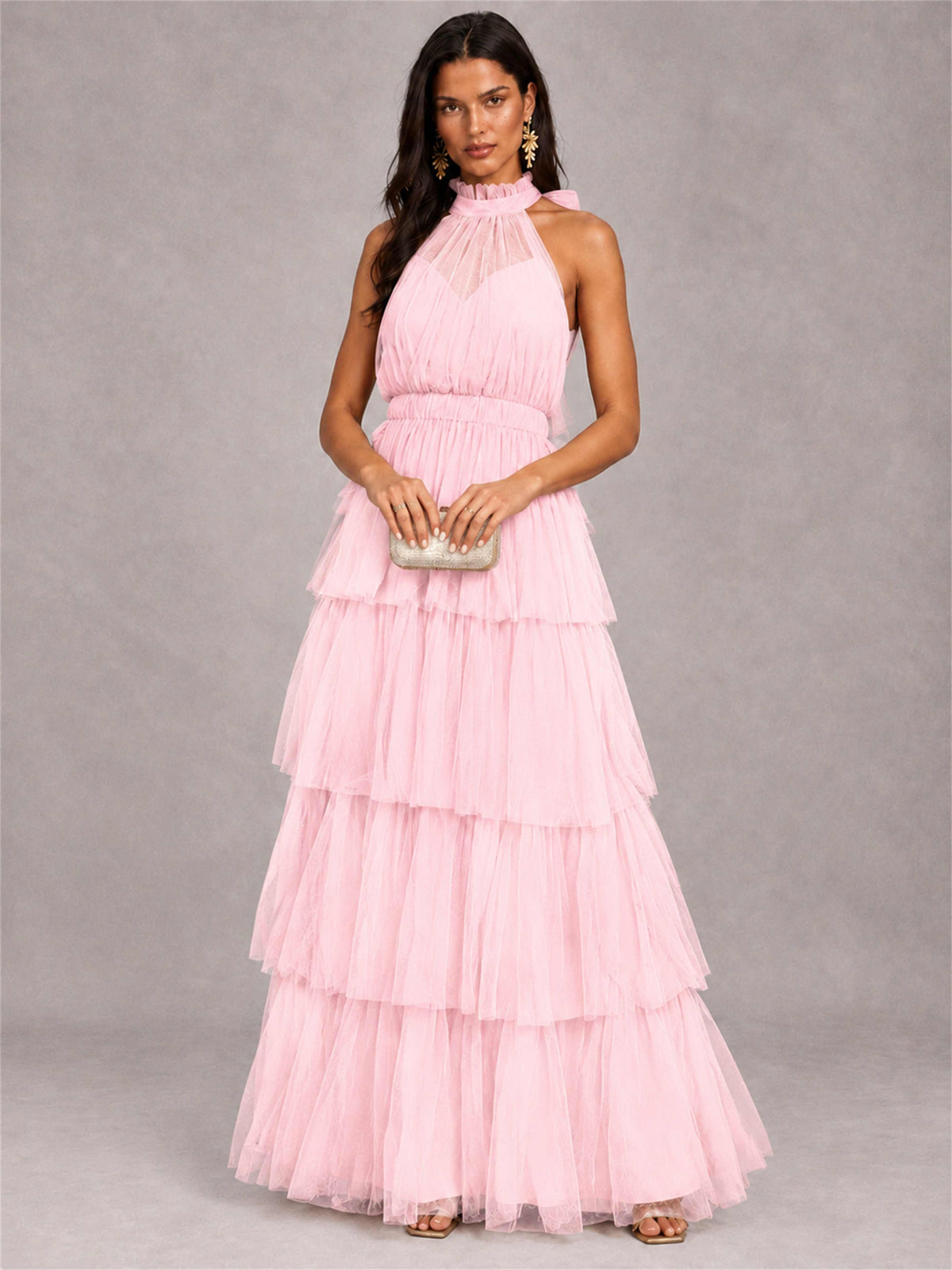 High Neck A-Line Tulle Tiered Sleeveless Floor-Length Wedding Guest Dress