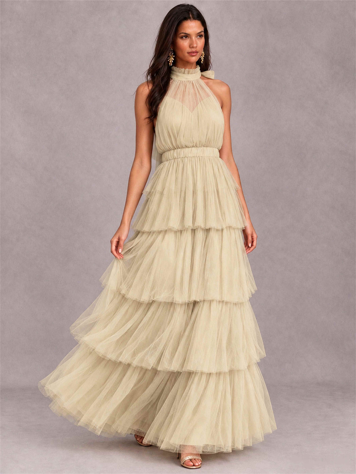 High Neck A-Line Tulle Tiered Sleeveless Floor-Length Wedding Guest Dress