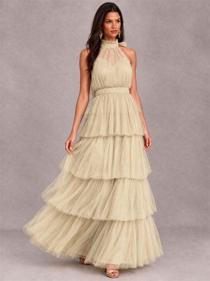 High Neck A-Line Tulle Tiered Sleeveless Floor-Length Wedding Guest Dress