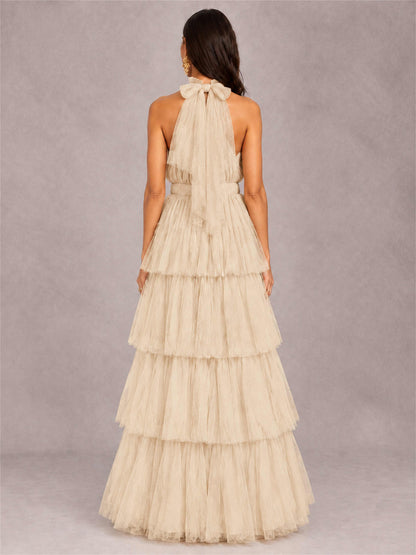 High Neck A-Line Tulle Tiered Sleeveless Floor-Length Wedding Guest Dress