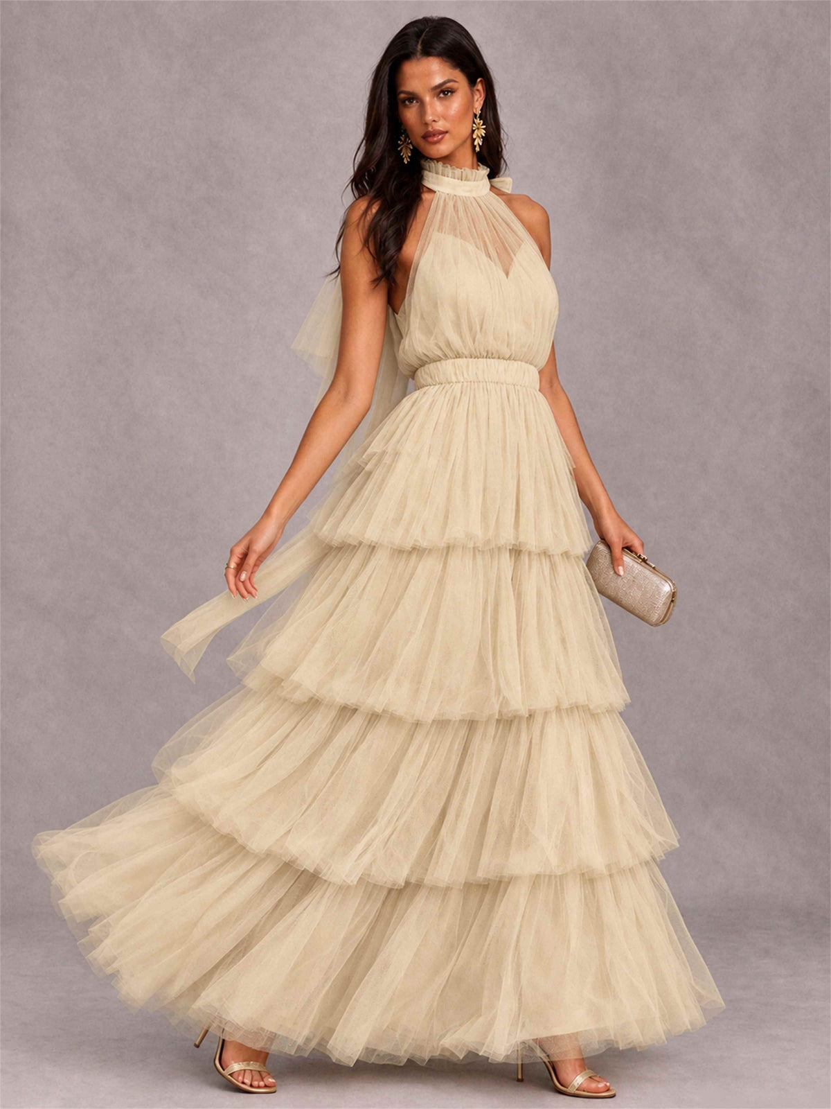 High Neck A-Line Tulle Tiered Sleeveless Floor-Length Wedding Guest Dress