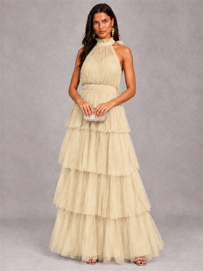 High Neck A-Line Tulle Tiered Sleeveless Floor-Length Wedding Guest Dress