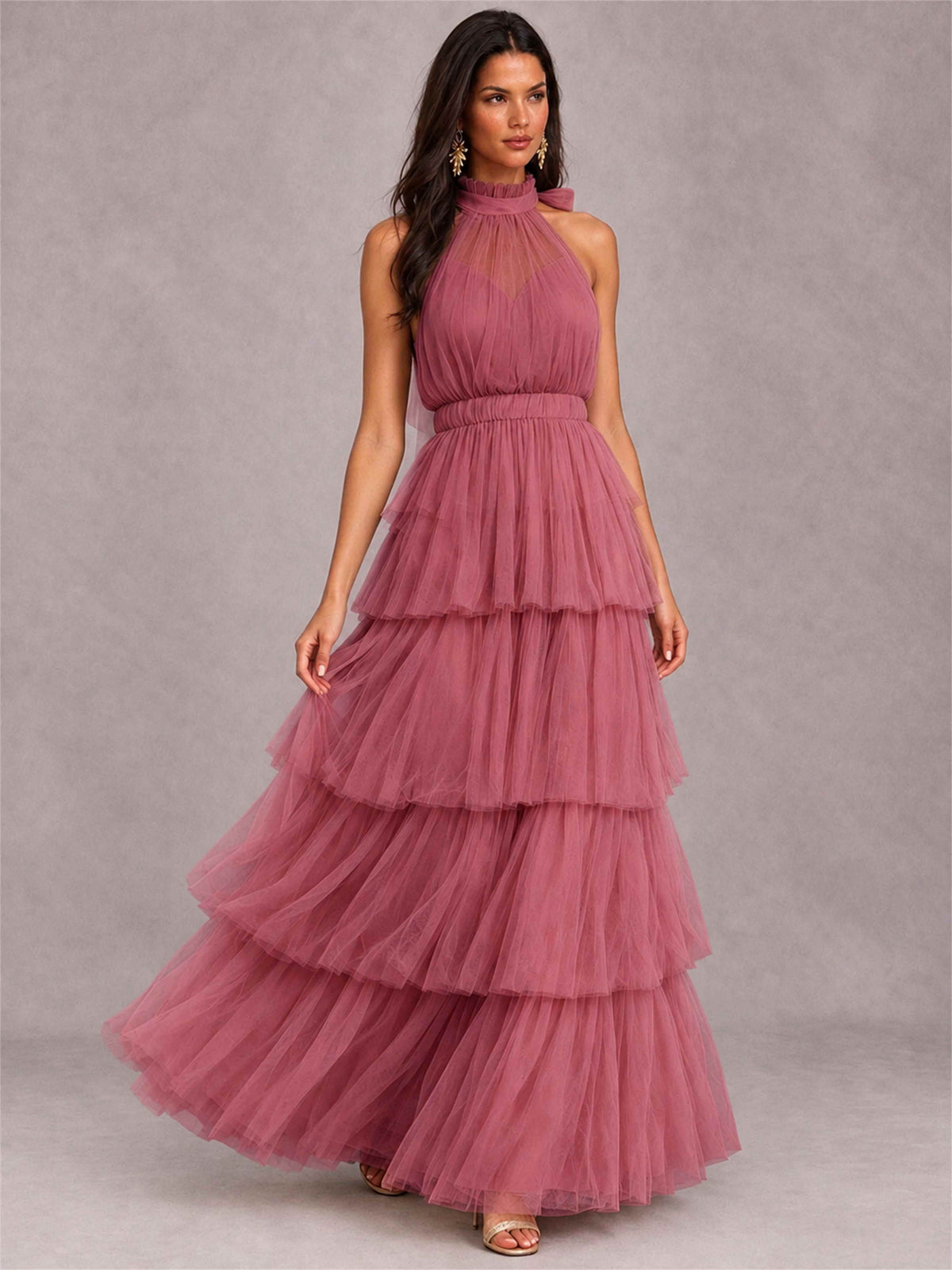 High Neck A-Line Tulle Tiered Sleeveless Floor-Length Wedding Guest Dress
