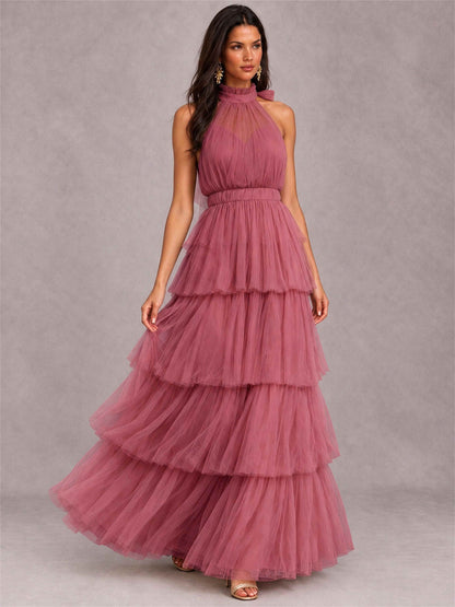 High Neck A-Line Tulle Tiered Sleeveless Floor-Length Wedding Guest Dress