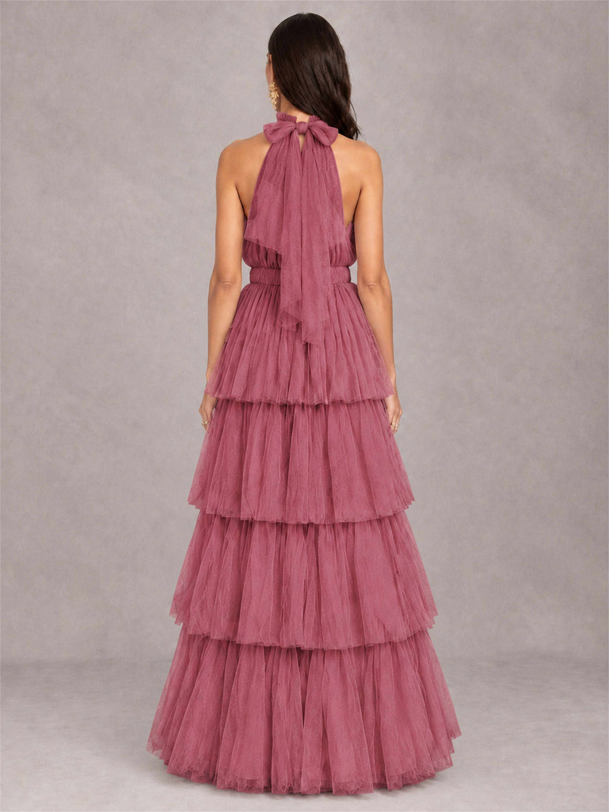 High Neck A-Line Tulle Tiered Sleeveless Floor-Length Wedding Guest Dress