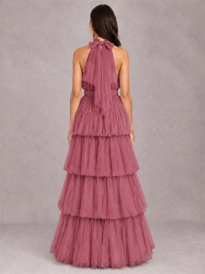 High Neck A-Line Tulle Tiered Sleeveless Floor-Length Wedding Guest Dress