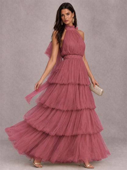 High Neck A-Line Tulle Tiered Sleeveless Floor-Length Wedding Guest Dress