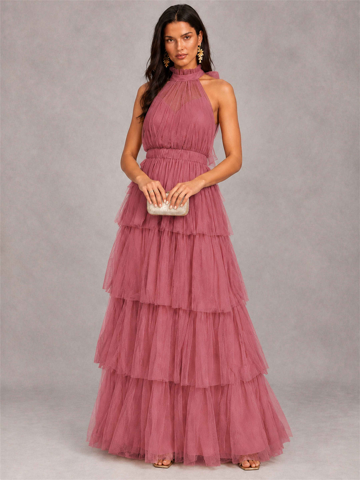 High Neck A-Line Tulle Tiered Sleeveless Floor-Length Wedding Guest Dress