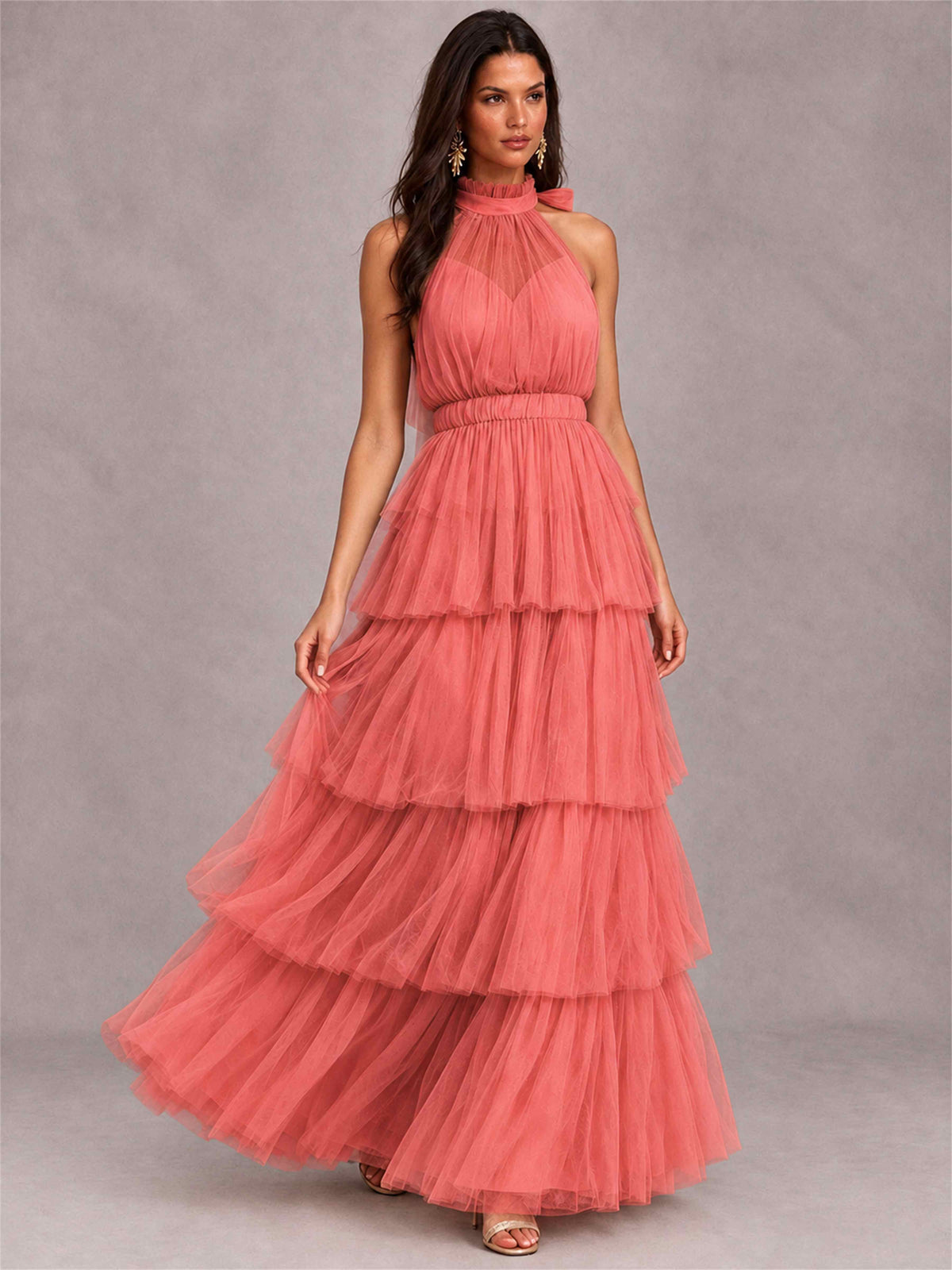 High Neck A-Line Tulle Tiered Sleeveless Floor-Length Wedding Guest Dress