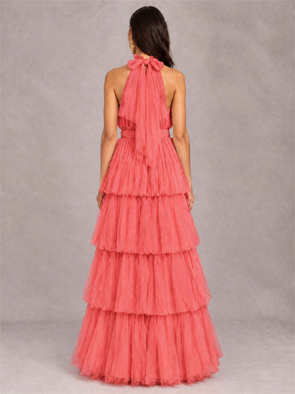 High Neck A-Line Tulle Tiered Sleeveless Floor-Length Wedding Guest Dress