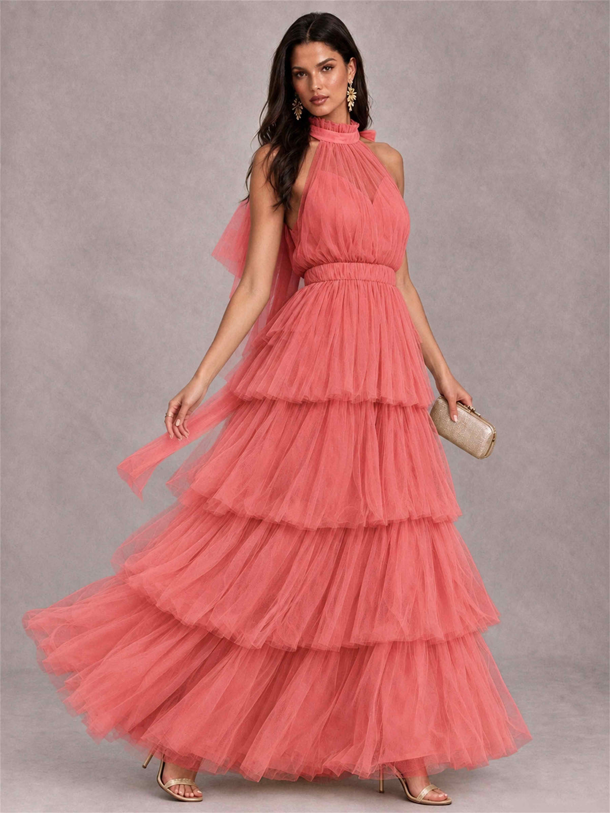 High Neck A-Line Tulle Tiered Sleeveless Floor-Length Wedding Guest Dress