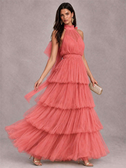 High Neck A-Line Tulle Tiered Sleeveless Floor-Length Wedding Guest Dress
