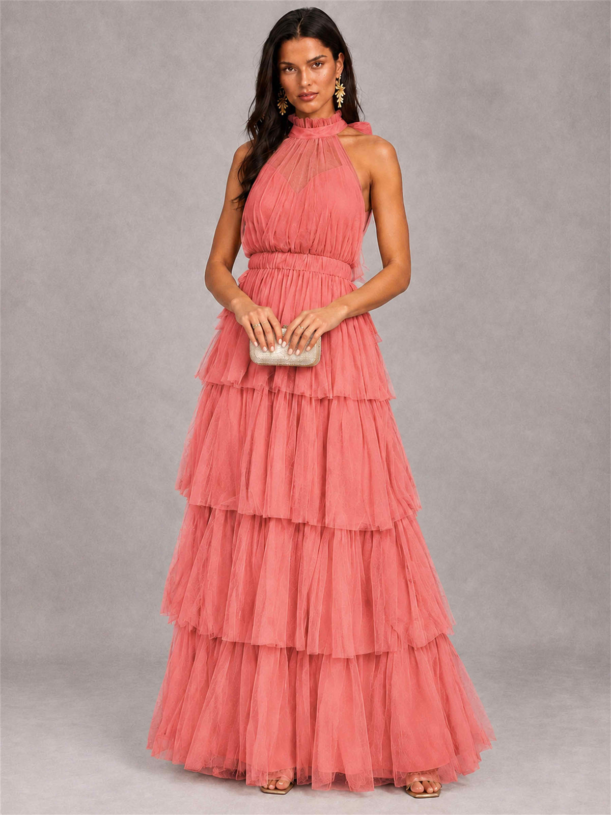 High Neck A-Line Tulle Tiered Sleeveless Floor-Length Wedding Guest Dress