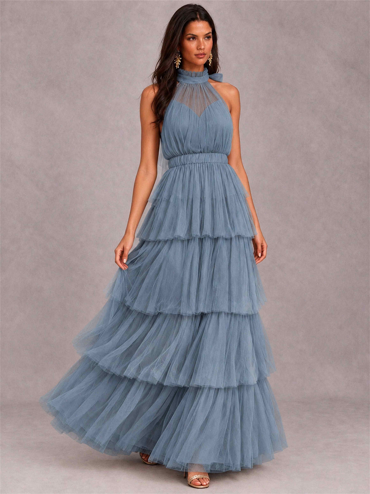 High Neck A-Line Tulle Tiered Sleeveless Floor-Length Wedding Guest Dress