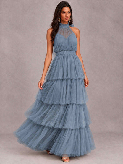 High Neck A-Line Tulle Tiered Sleeveless Floor-Length Wedding Guest Dress