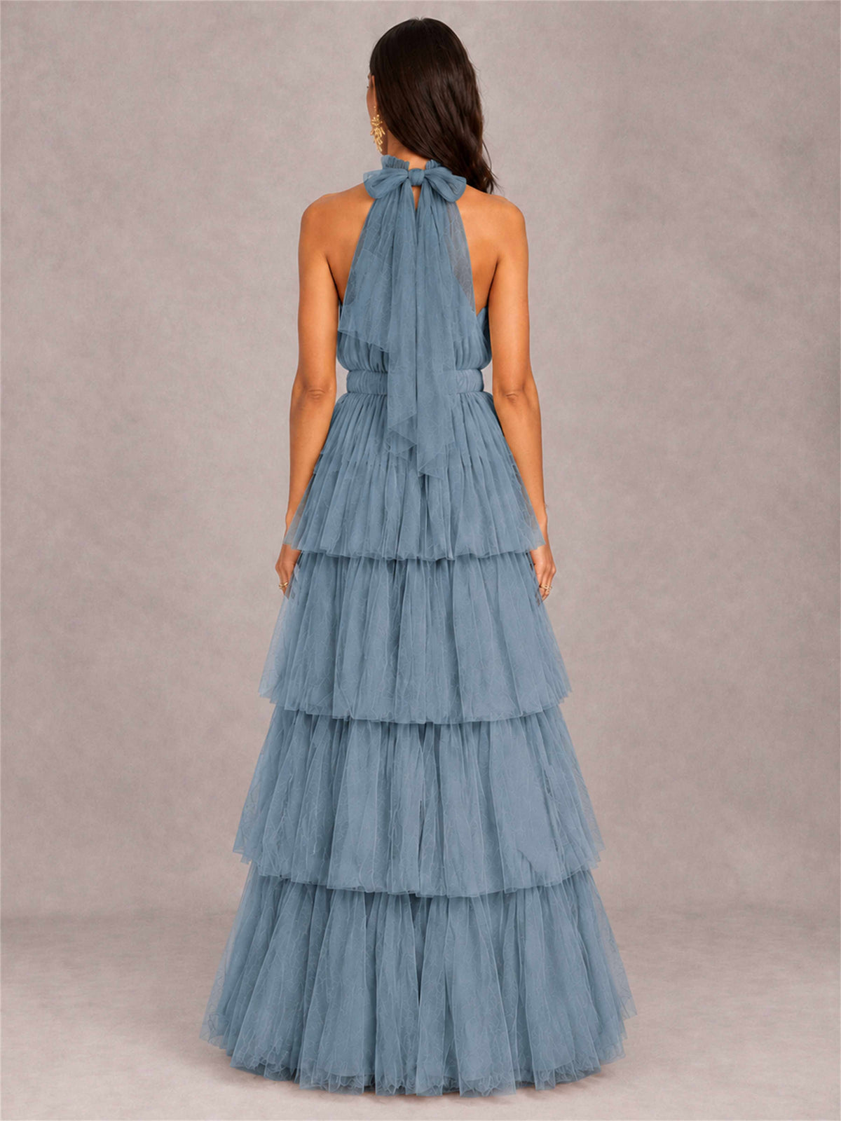 High Neck A-Line Tulle Tiered Sleeveless Floor-Length Wedding Guest Dress