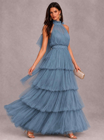 High Neck A-Line Tulle Tiered Sleeveless Floor-Length Wedding Guest Dress