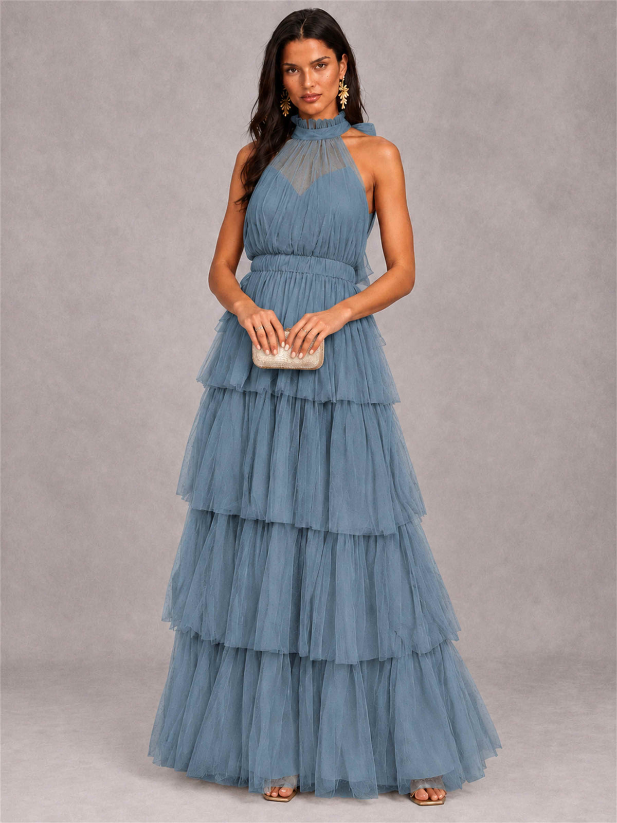 High Neck A-Line Tulle Tiered Sleeveless Floor-Length Wedding Guest Dress