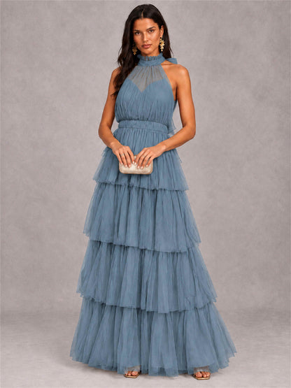 High Neck A-Line Tulle Tiered Sleeveless Floor-Length Wedding Guest Dress