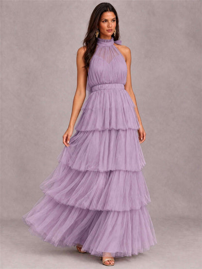 High Neck A-Line Tulle Tiered Sleeveless Floor-Length Wedding Guest Dress