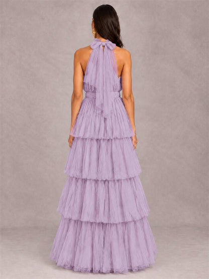 High Neck A-Line Tulle Tiered Sleeveless Floor-Length Wedding Guest Dress