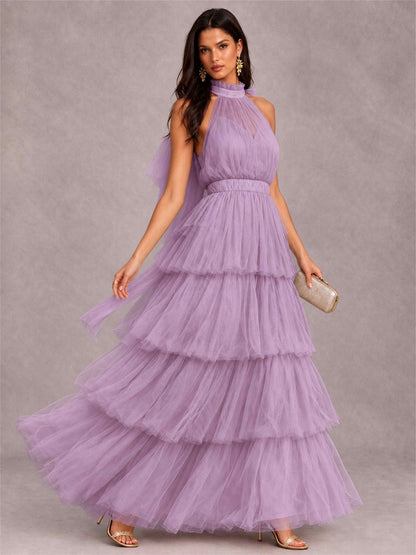 High Neck A-Line Tulle Tiered Sleeveless Floor-Length Wedding Guest Dress