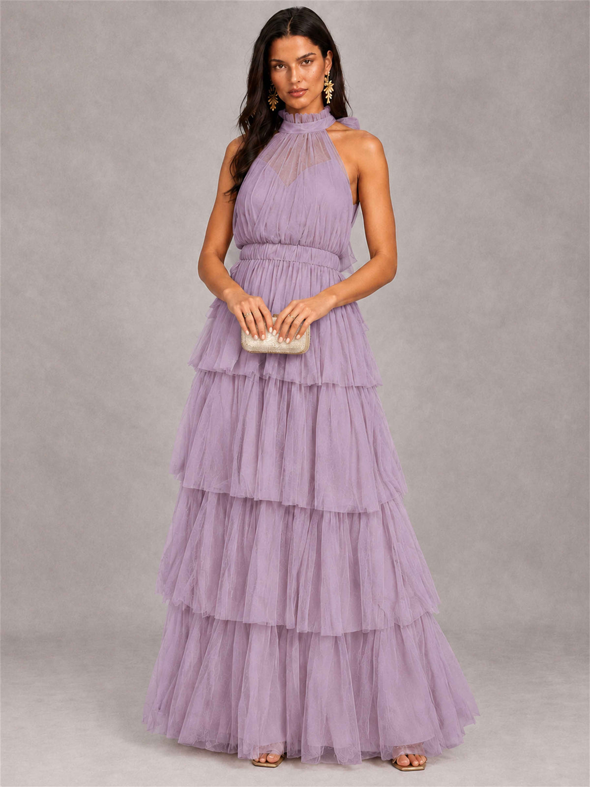 High Neck A-Line Tulle Tiered Sleeveless Floor-Length Wedding Guest Dress