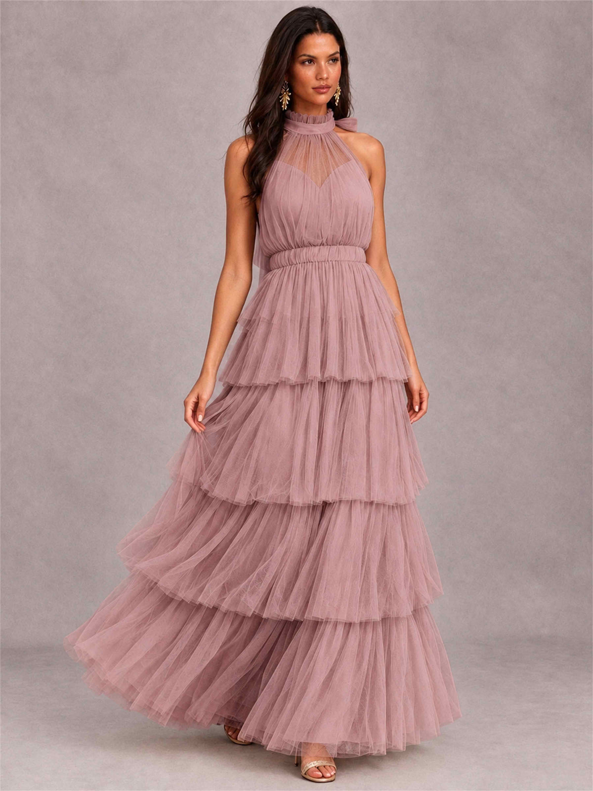 High Neck A-Line Tulle Tiered Sleeveless Floor-Length Wedding Guest Dress