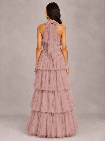 High Neck A-Line Tulle Tiered Sleeveless Floor-Length Wedding Guest Dress